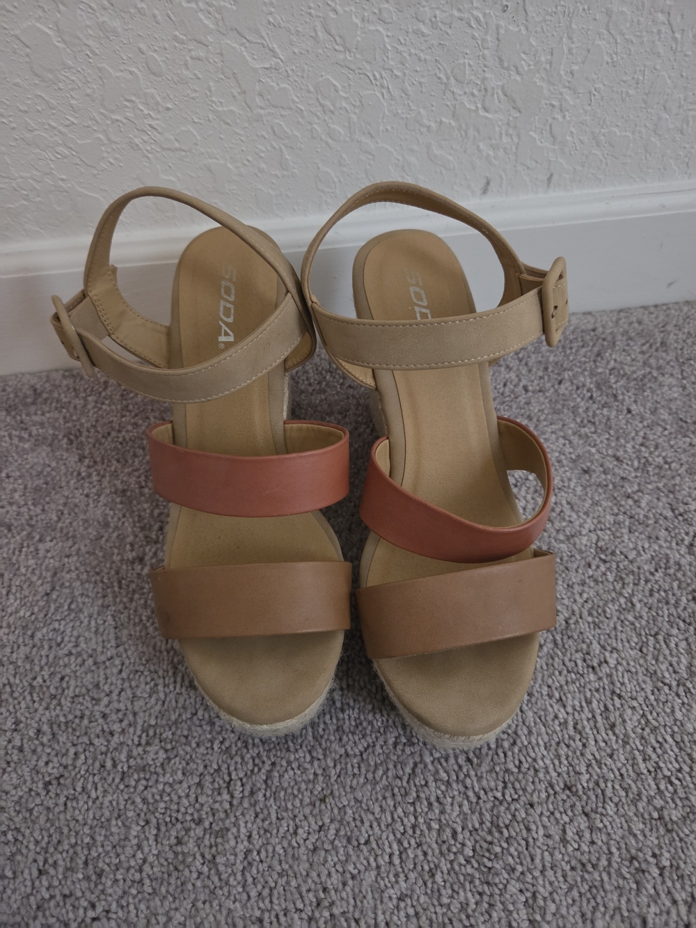 Soda Tan and Rust Two-Strap Wedge Sandals